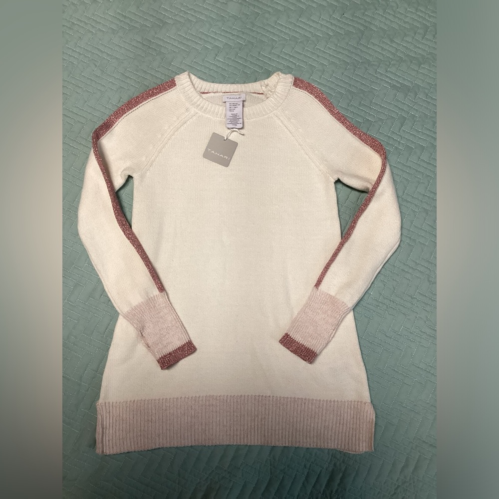 Kids Tahari M7-8 Sweater Dress With Thumb Slit White - Pink New